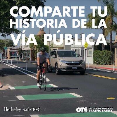 Man bicycling in a bike lane with the text in white overlaid, "Comparte Tu History De La Via Publica"ing