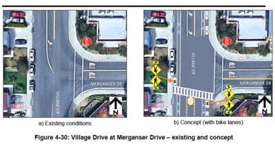 Figure showing Village Drive at Merganser Drive with existing conditions and proposed concept suggestions